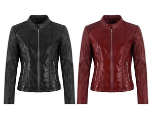 Chaqueta de cuero para mujer clásica de moda roja oscura encerada ajustada chaqueta estilo motociclista - Imagen 1 de 8
