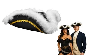 Adult Black Tricorn Hat White Faux Feathers Brim Tri-Corner Pirate Accessory - Picture 1 of 7