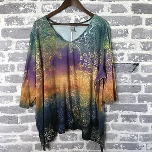 Catherines Tunic Top Womens 2X Boho Floral Paisley Ombre Stretch Shirt Blouse - Picture 1 of 14