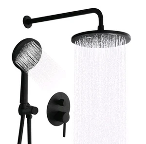 Black Shower Faucet System Exposed 10in Rainfall Head Shower Fixture set - Picture 1 of 8