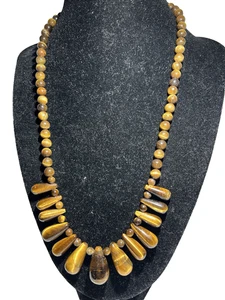 Genuine Tiger's Eye Gemstone Teardrop Beaded 20" Necklace - Picture 1 of 6