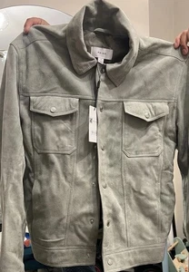 BNWT REISS MENS NOA SUEDE BUTTON-THROUGH TRUCKER JACKET in SAGE SIZE M - Picture 1 of 10