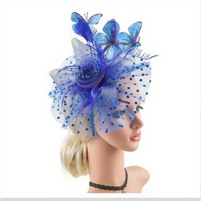 Women Tea Party Headband Feather Pearl Lace Mesh Flower Cap Fascinators Hats - Image 1 of 4