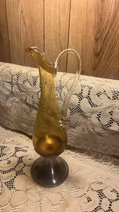 Vtg MCM Empoli Amber Glass Footed Pitcher Twisted Handle Ewer Italy 12" - Picture 1 of 6