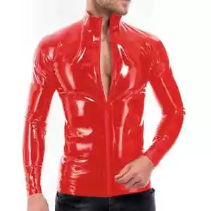 Mens PVC Leather Zipper Stand Collar Shirts Sexy Long Sleeve Tops Streetwear - Picture 1 of 11