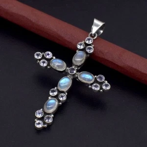 Rainbow Moonstone Cross Pendant 925 Sterling Silver Christmas Jewelry Gift - Picture 1 of 6