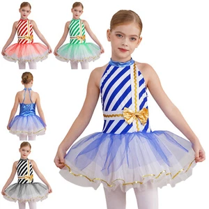 Kids Girls Xmas Christmas Dress Up Candy Cane Striped Ice Skating Tutu Dress - Picture 1 of 54
