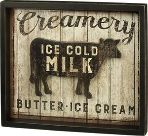 PRIMITIVE WOOD BOX SIGN~CREAMERY ICE COLD MILK BUTTER ICE CREAM~Farm/Cow/Weather - Picture 1 of 1