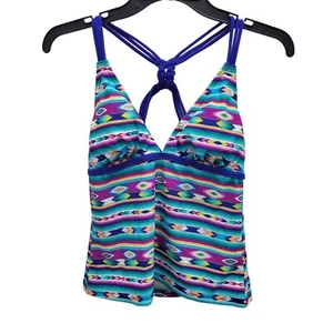 Hula Honey Women's Bright Neon Blue Southwest Navajo Pattern Macrame Tankini L - Picture 1 of 7