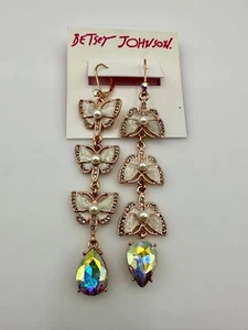 Betsey Johnson Flutterbye Butterfly Rose Gold Crystal Enamel Dangle Earrings - Picture 1 of 6