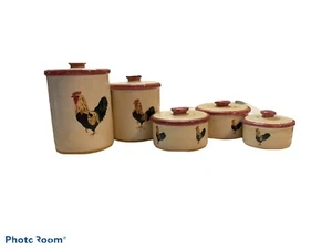 Vintage Blue Sky Authentic Stoneware Rooster Canister Set Of 5 Nwt Rooster Farm - Picture 1 of 11