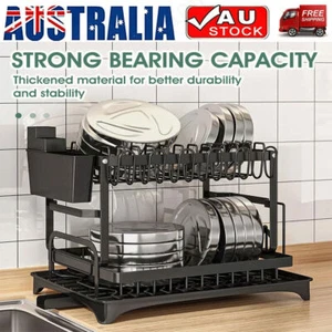 2 Tier Dish Drainer Drying Rack With Cup Holder Cutlery Tray Kitchen Organiser - Picture 1 of 10