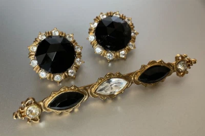 1928 Brand Post Earrings & Bar Pin Set Gold Tone & Faceted Black Rhinestones - Image 1 of 4