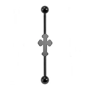 Industrial w/Medieval Cross 14 Gauge 1-1/2" 5mm Balls Titanium Black IP Barbell - Picture 1 of 4