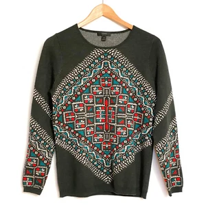 J.Crew Womens 100% Merino Wool Sweater Size M Embroidered Aztec Southwestern - Picture 1 of 10