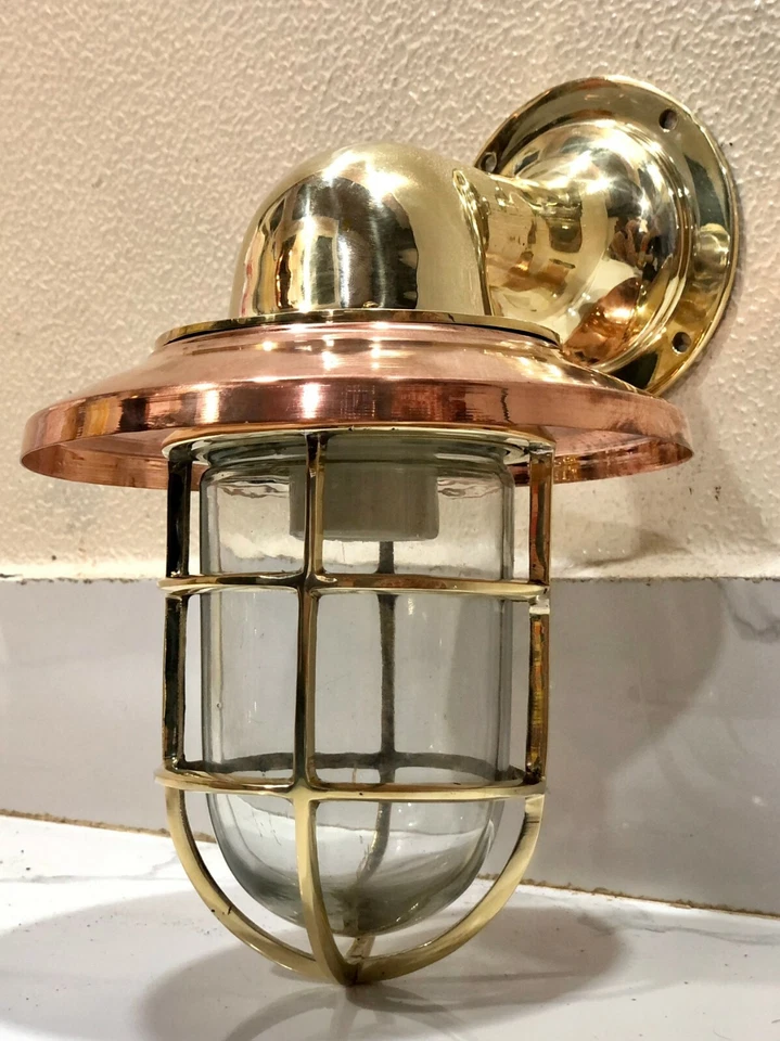 MARINE ARCHED BULKHEAD BRASS WALL SCONCE SHIP LIGHT WITH COPPER SHADE - Image 1 of 4