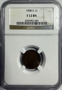 1908-S Indian Head Small Cent NGC F 12 BN Fine - Free Shipping - Picture 1 of 4