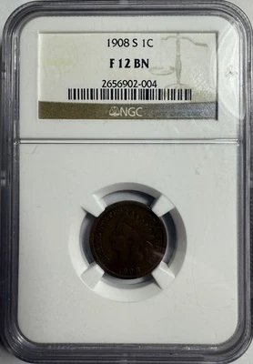 1908-S Indian Head Small Cent NGC F 12 BN Fine - Free Shipping - Image 1 of 4