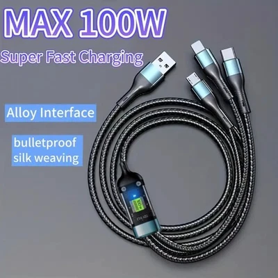 100W 5A Fast Charging USB to Type-C Micro Cable - 3-in-1 for iPhone - Android - Image 1 of 4