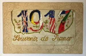 1917 France WWI Allies Flags UK US Silk Embroidered Vintage Postcard Rare - Picture 1 of 2