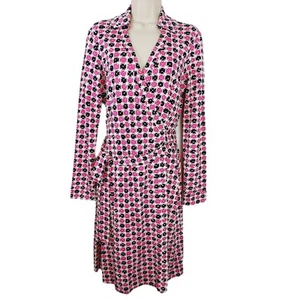 Diane von Furstenberg Größe 8 Karo Punkte rosa Jeanne Wickelkleid Baumwolle Seide $ 398 Neu mit Etikett - Bild 1 von 6