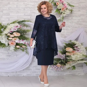 Navy Blue Mother of the Bride Dress Long Sleeves Lace Wedding Party Gown 2Pieces - Picture 1 of 11