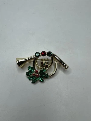 Broche de cuerno francés vintage AJC estrás acebo vacaciones de Navidad tono dorado Foto 1 de 4