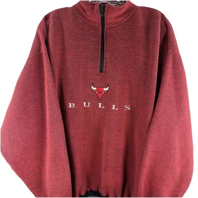 复古 90 年代芝加哥公牛队红色干部运动四分之一拉链套衫运动衫 Med — 第 1/4 张图片