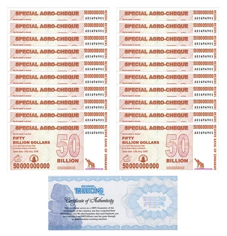 20 Zimbabwe 50 Billion Special Agro Cheque banknote 2008, P-63 USED COA Cover