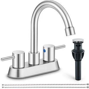 Brushed Nickel Bathroom Sink Faucet 3Hole Centerset Basin Vanity Mixer w/Drain - Picture 1 of 15