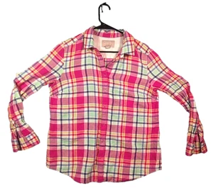 Banana Republic Soft Wash Shirt Linen Cotton Plaid Pink Green Blue Size Large - Picture 1 of 5