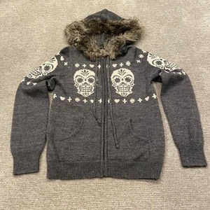 Vintage Lucky Brand Sweater Womens Medium Skull Y2K Faux Fur Knit Full Zip Wool - Picture 1 of 14