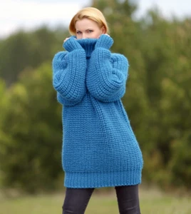 SuperTanya blue thick wool sweater turtleneck warm thick ski pullover XL-XXL - Picture 1 of 7