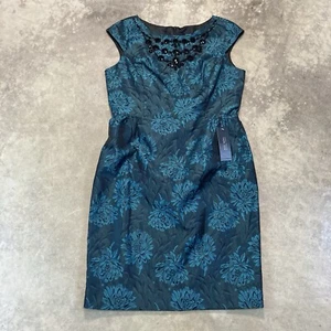 Teri Jon Dress Women 18 Sheath Beaded Neckline Evening Greenish Blue Teal Floral - Picture 1 of 12