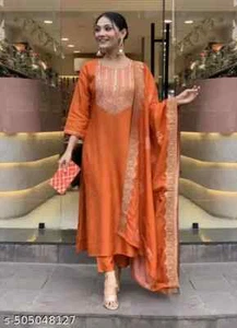 Conjunto de Kurta y Pantalón de Seda Viscosa Bordada para Mujer India con Dupatta - Imagen 1 de 4