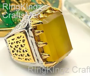 Men Yellow Agate Carnelian Yemeni Aqeeq Ring 925 Sterling Silver Statement Ring - Picture 1 of 8