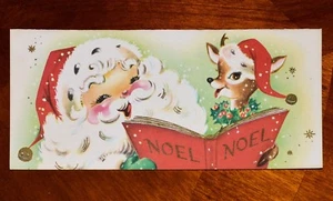 Vintage UNUSED Christmas Greeting Card SANTA Claus MCM Reindeer DEER SINGING - Picture 1 of 3