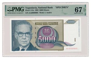 YUGOSLAVIA banknote 5000 Dinara 1992 Specimen PMG MS 67 EPQ Superb Gem Unc - Picture 1 of 7