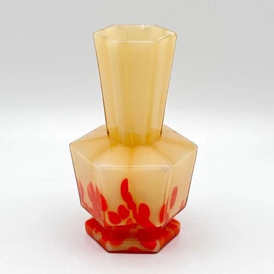 Franz Welz Czech Glass Translucent Lines & Spots Hexagonal Vase Cream & Orange - Image 1 of 4