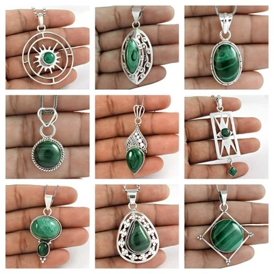 Regalo di Natale Naturale Malachite Gemma 925 Argento Sterling Ciondoli Gioielli - Immagine 1 di 4
