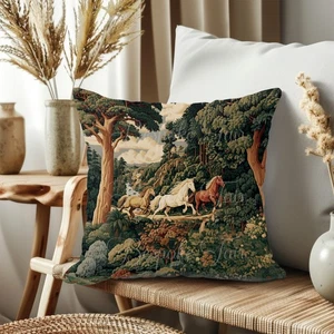 Forest Horses Throw Pillow COVER Faux Suede Equestrian Pillows Square in 4 sizes - Picture 1 of 26