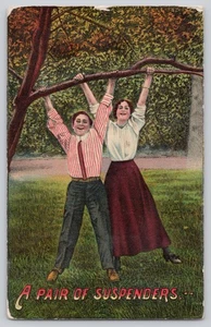1912 Comic Postcard A Pair of Suspenders Man Woman Hanging from Tree Branch - Picture 1 of 3