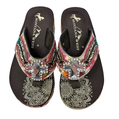 Montana West Feathered Flair Western Flip Flops Women’s 8 Wedge Sandals Bling - Image 1 of 4