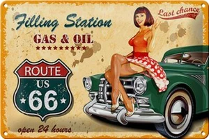 Blechschild Pinup 30x20 cm Retro Gas Oil open 24 hours Deko Schild tin sign - Picture 1 of 5