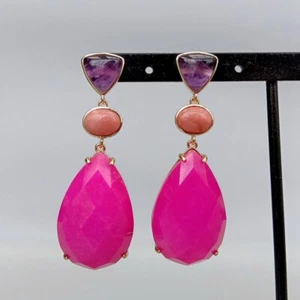 Fuchsia Jade Amethyst Red Aventurine Bezel Set Gemstone Dangle Earrings - Picture 1 of 6