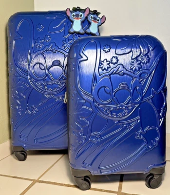 Disney Stitch Molded FUL Blue Luggage Suitcase Set 22" Carry On & 30" Tags - Image 1 of 4