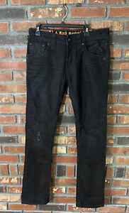 Rock Revival Jeans Black Steven Slim Straight Embroidered Flap Pockets Men 32x34