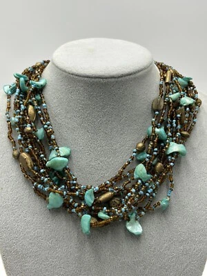 Bohemian Beach Turquoise  Multi  Strand Necklace Beaded Statement 18 Inch Foto 1 de 4