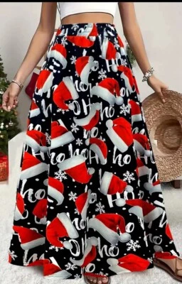 Maxi Falda Navidad Acampanada Talla Grande 22 3x Con Bolsillos Sombreros de Papá Noel Rojo Negro Foto 1 de 4