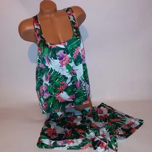 Victoria Secret Camisole Set XL Tank Top & Shorts Sleepwear Blue Green Tropical - Picture 1 of 8